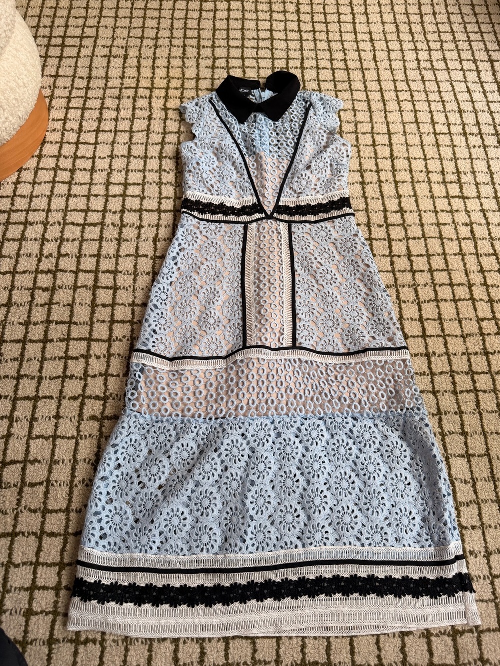 Bebe  blue black and nude  Lace Midi Dress with Black Trim